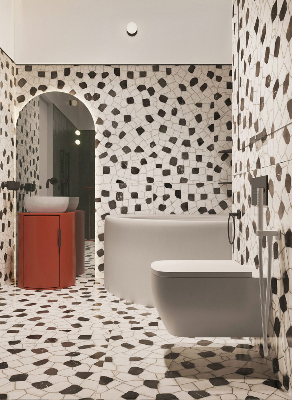 black white and red bathroom Interior Design Ideas