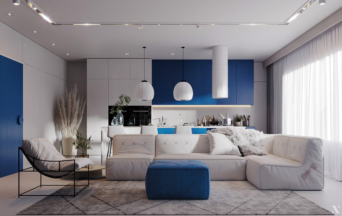 Light blue walls with white trim  Light blue living room Blue living  room Monochromatic room