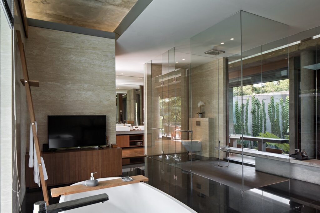 glass wall bathroom Interior Design Ideas