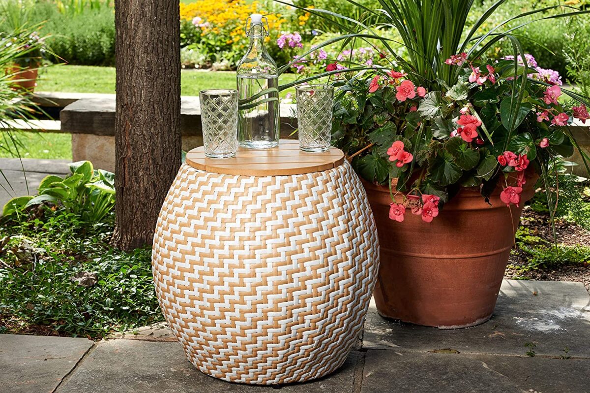 Small Outdoor Storage Coffee Table Woven Faux Wicker With Wood Top 