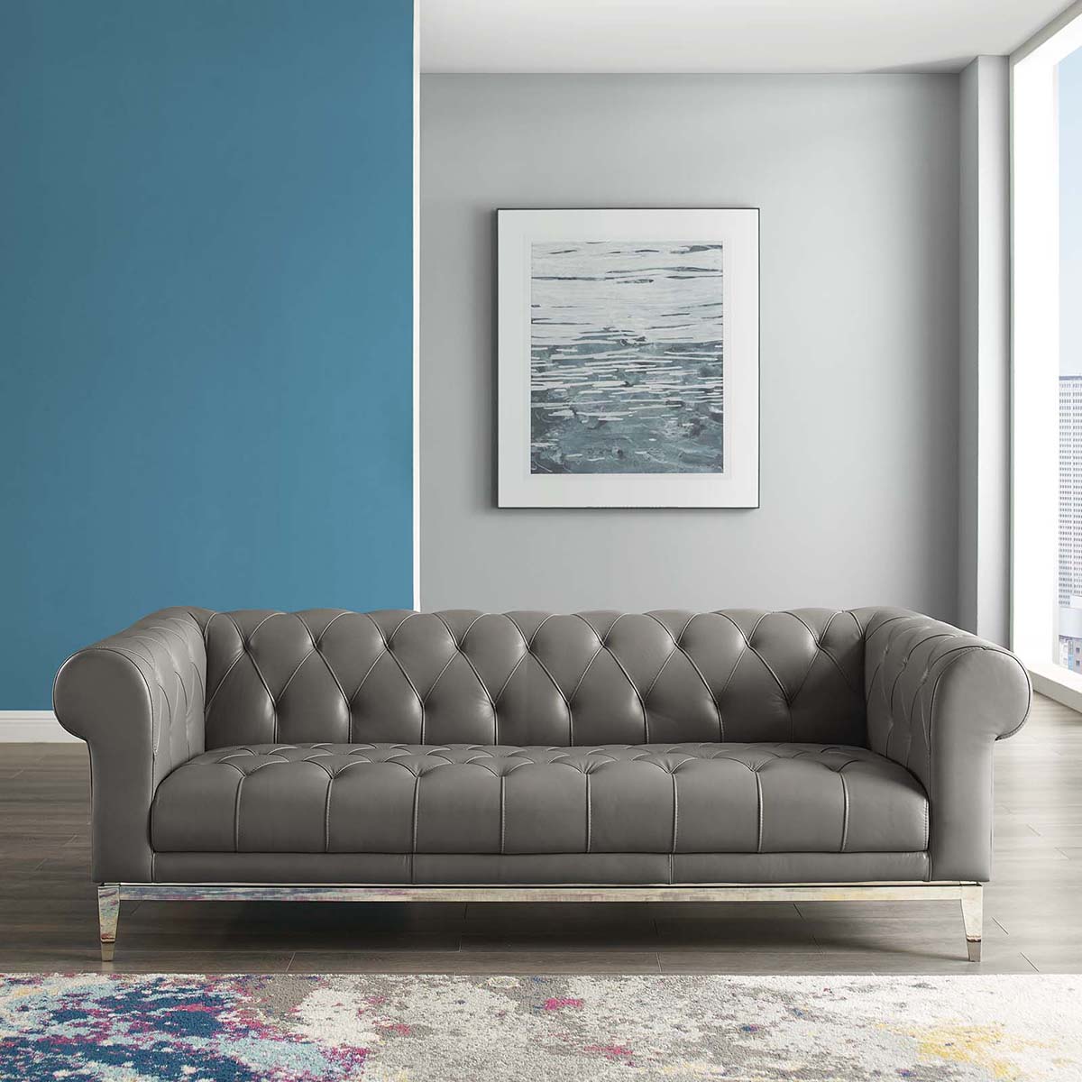 Grey Leather Chesterfield Sofa With
