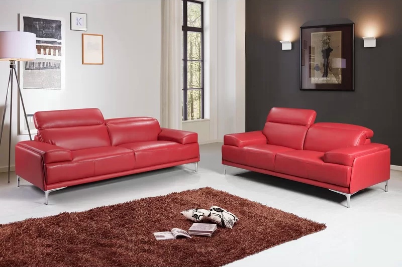 Red Leather Sofa Set With Adjule
