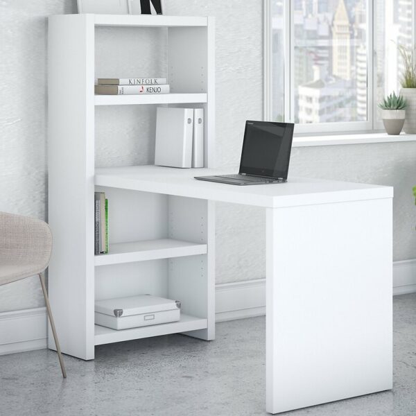 White desk with shelves above deals