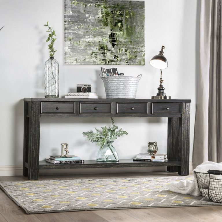 Black Farmhouse Sofa Table with Drawers and bottom Shelf Distressed