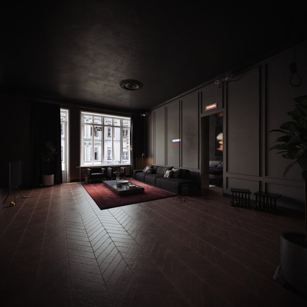 Spacious Dark Interiors With Ruby Red Accents