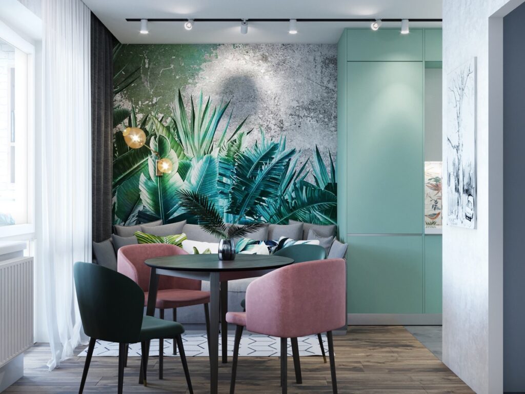 pink and green dining room Interior Design Ideas