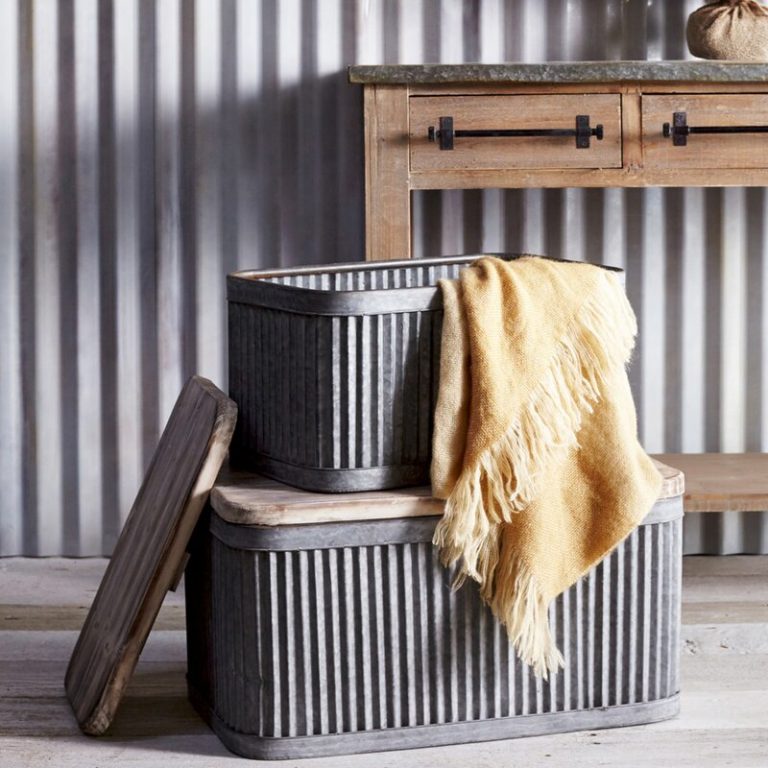 medium size decorative industrial storage bins with wood lids stackable