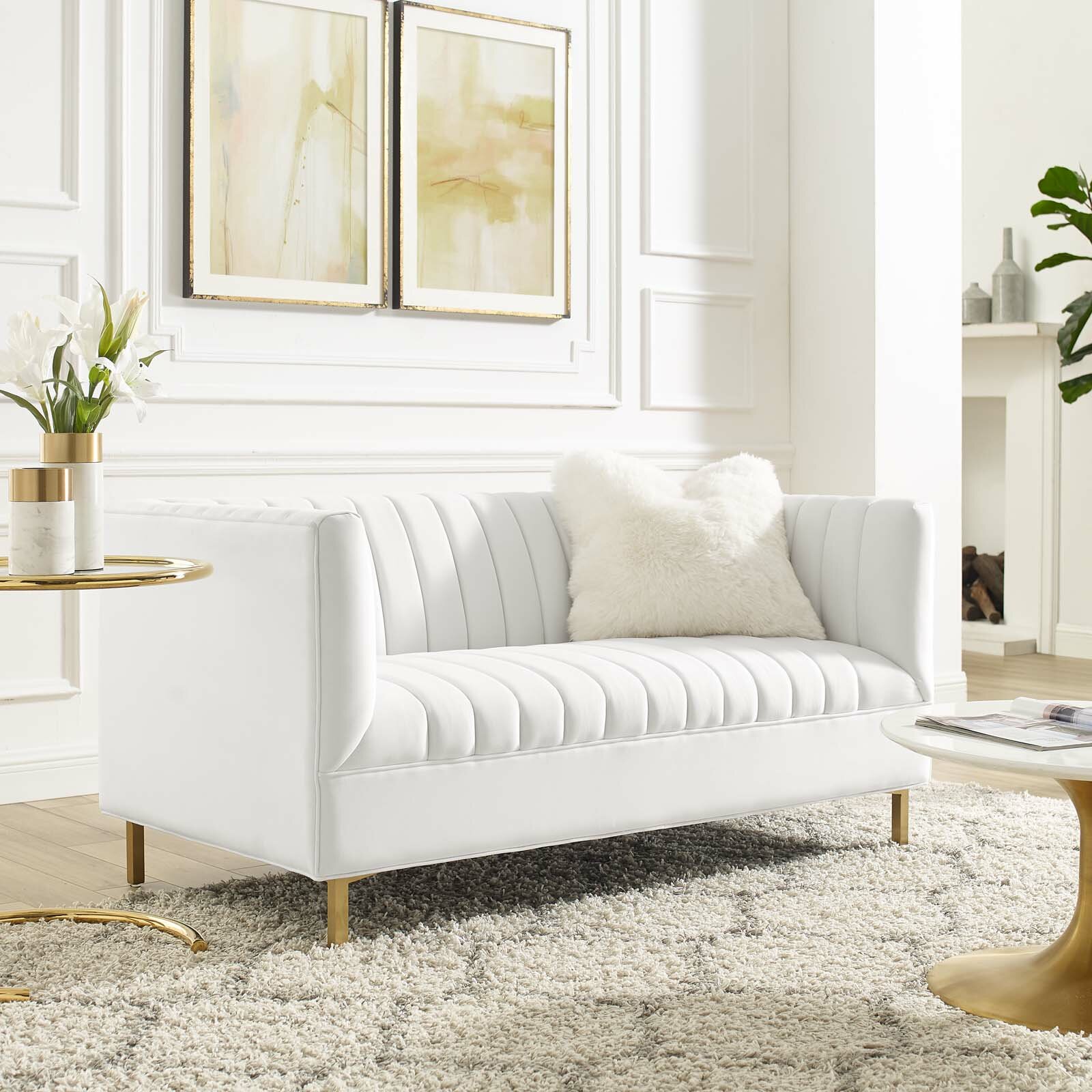 60 Inch Small Tufted Sofa In White Velvet Gold Legs Luxurious E Saving Furniture For Apartment Loft Living Room Bedroom Or Home Office Interior Design Ideas