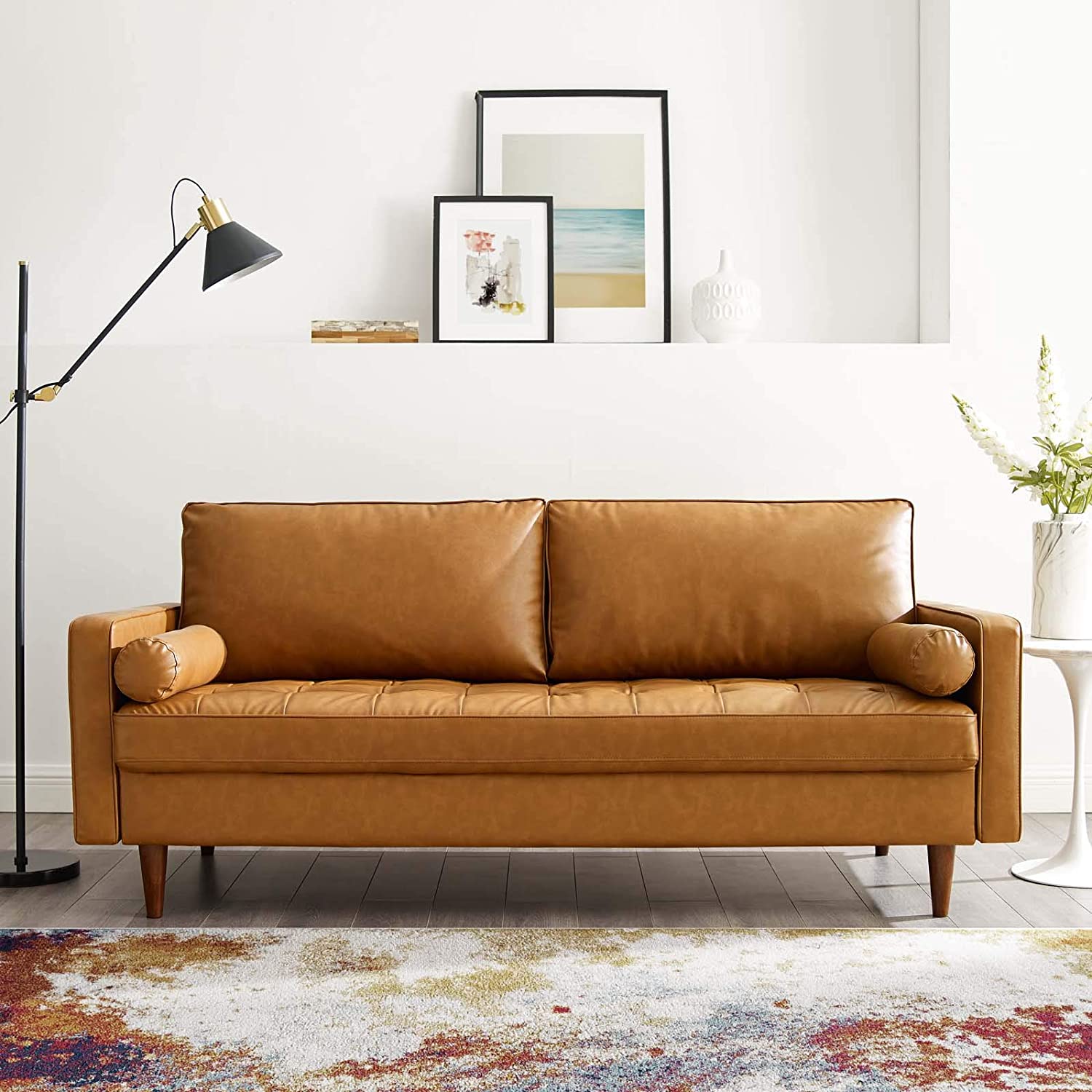 mid-century modern small sofa for bedrooms vegan leather upholstery ...