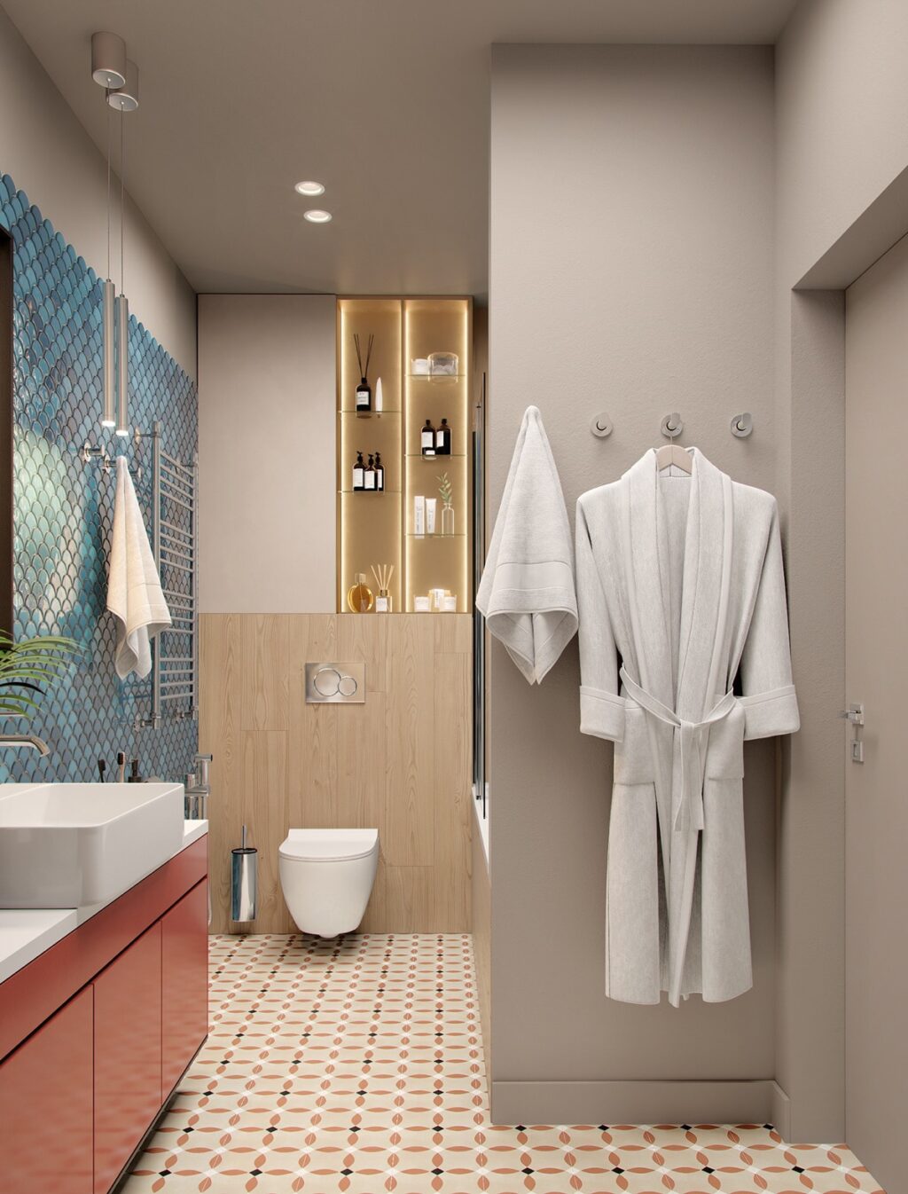 coral and blue bathroom Interior Design Ideas