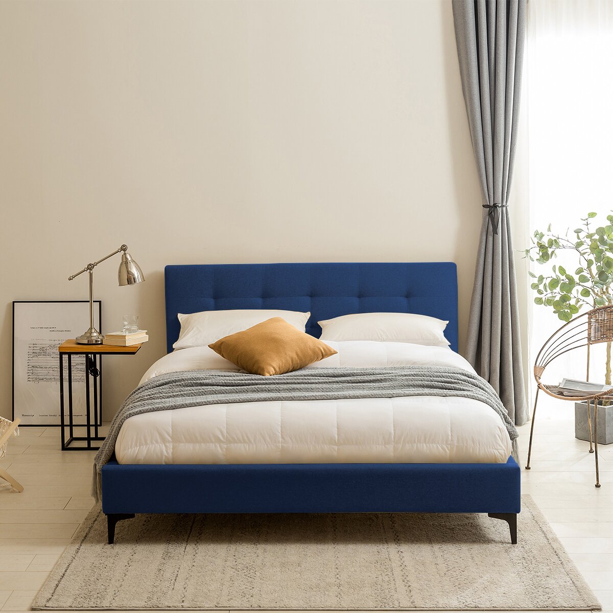 simple blue upholstered queen bed frame black legs modern bedroom ...