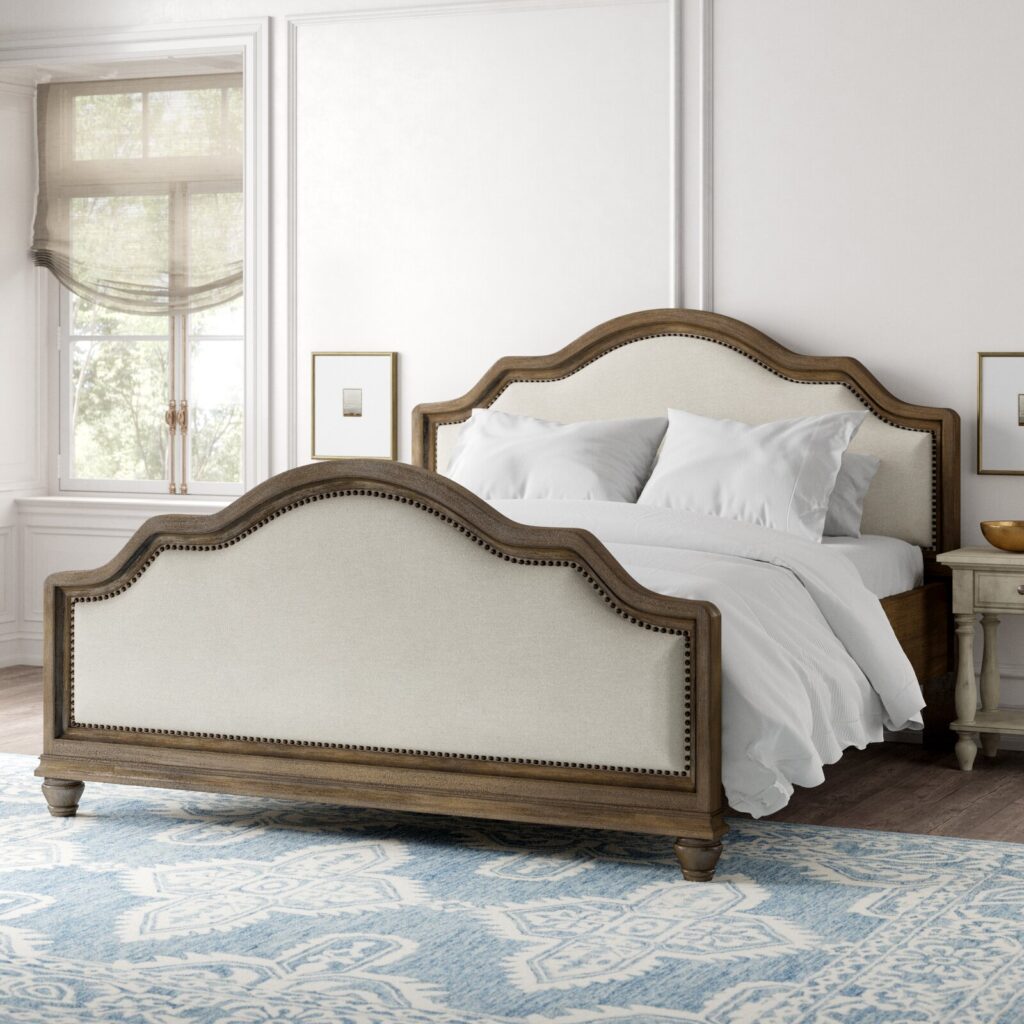 traditional upholstered bed with wood trim nailhead accents sleigh ...