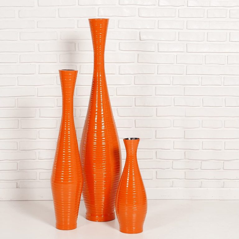 glossy orange floor vase set turned metal bright colorful living room