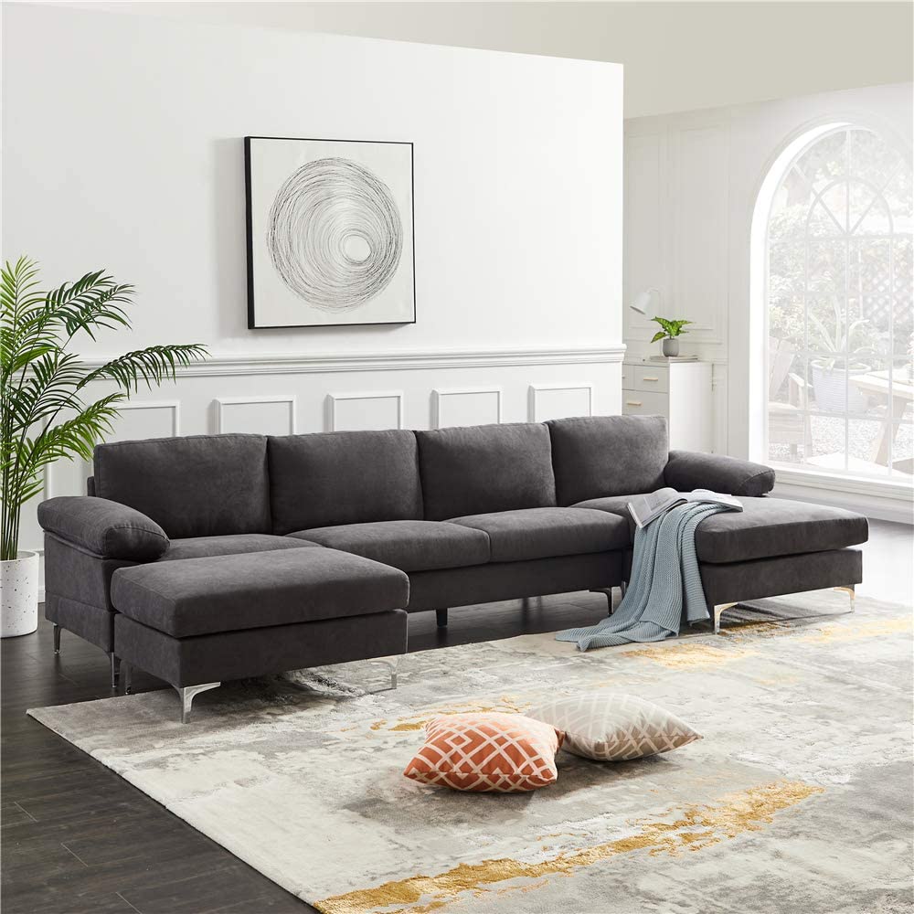 gray sectional sofa u-shape grey upholstery silver legs modern living furniture home theater couch | Interior Design Ideas