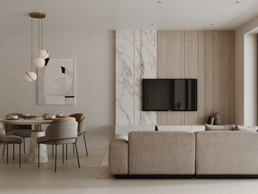 Clean-cut White Marble and Wood Accent Interiors