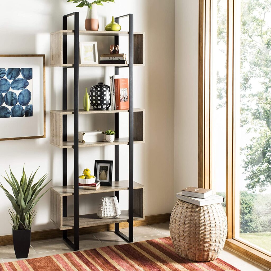 geometric tall bookcase black metal framing light wood cubby shelves