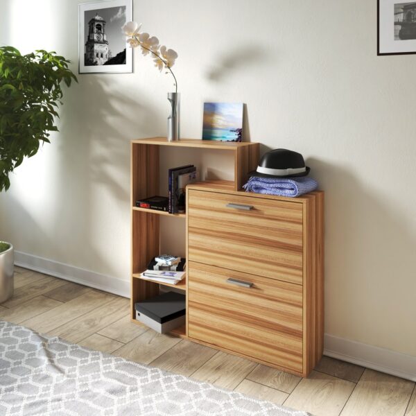 oak narrow shoe with open shelves folddown doors geometric