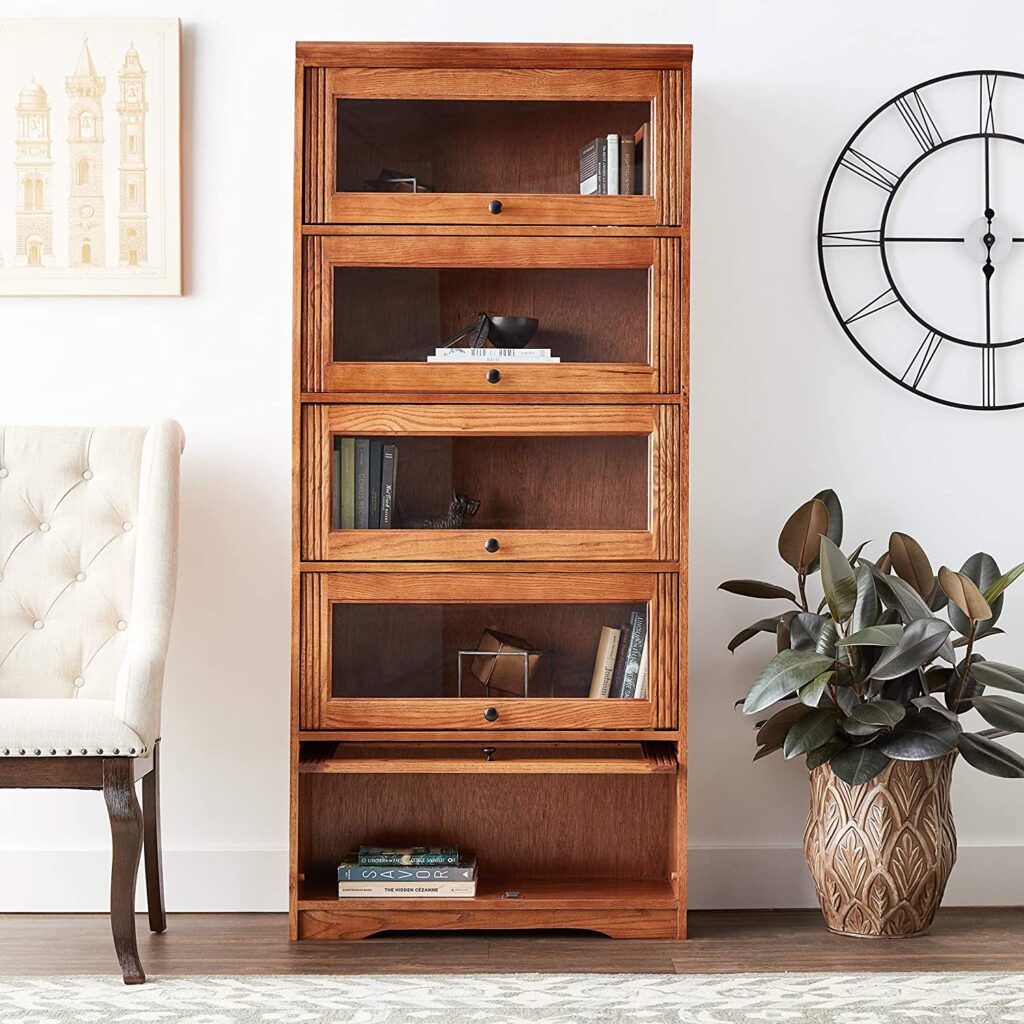 tall barristers bookcase with glass doors medium wood finish fiveshelf