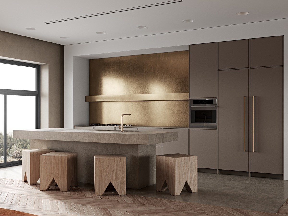 Dark grey gloss kitchen with small seating area and yellow accessories.