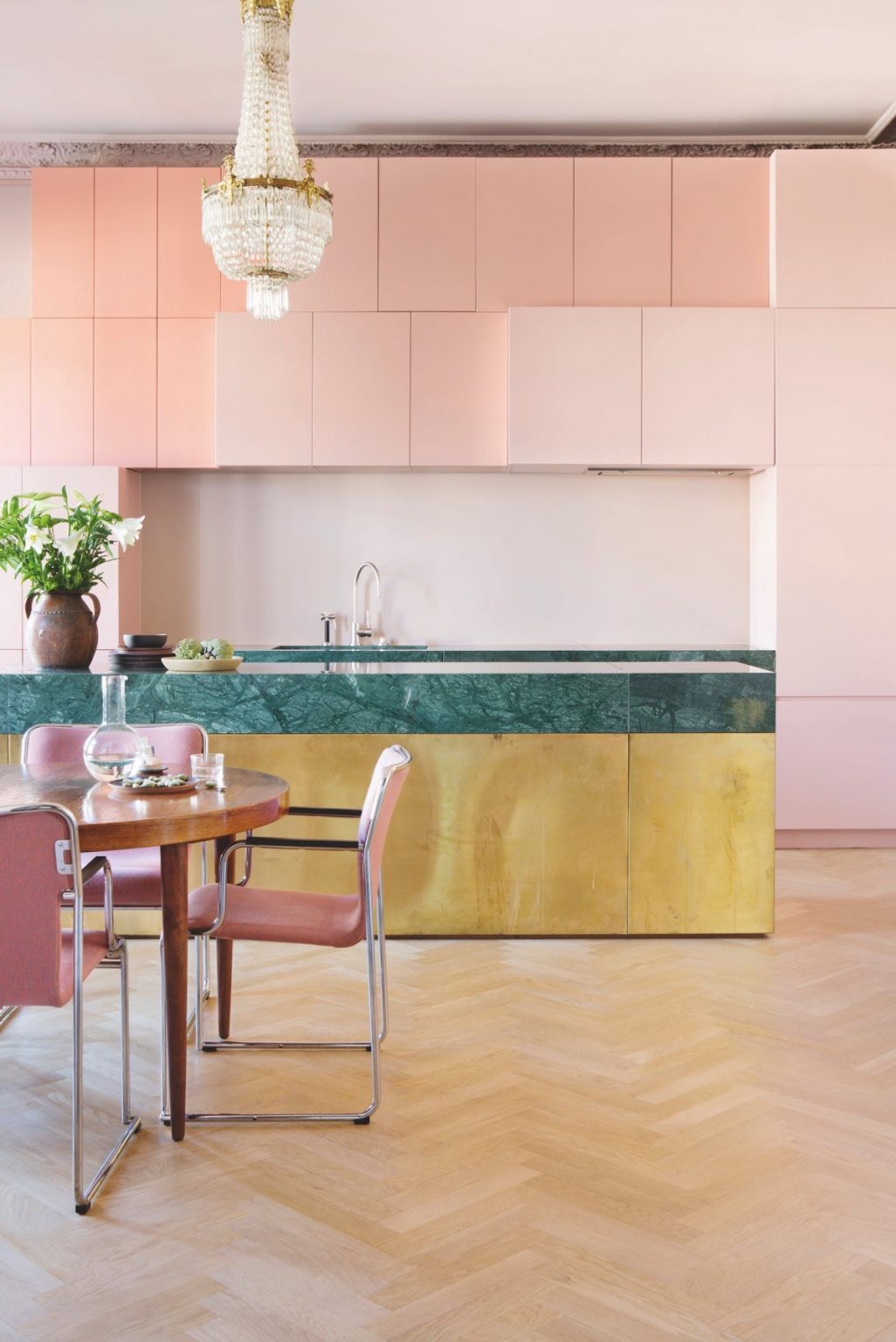 pink green and gold kitchen | Interior Design Ideas