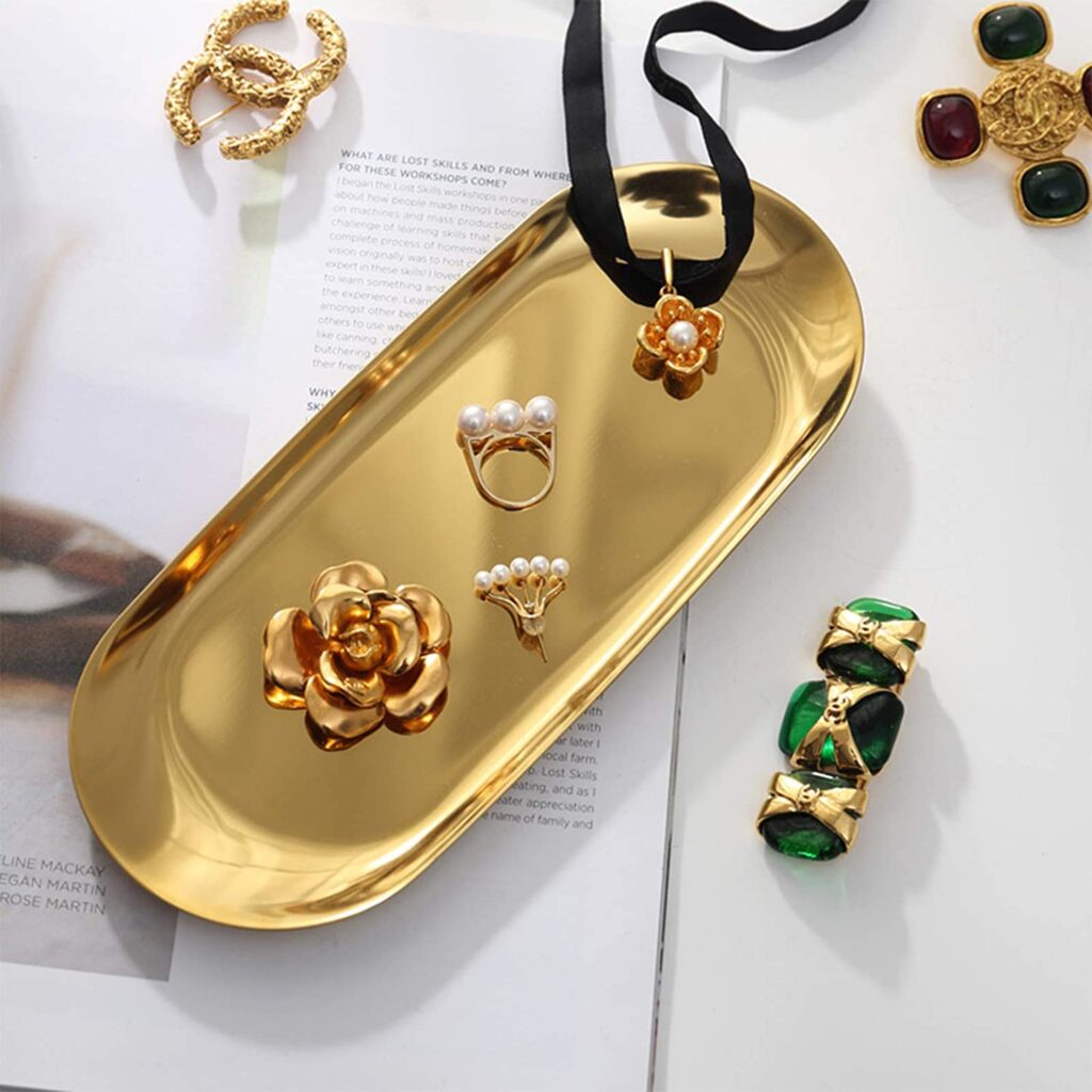 decorative gold tray oblong shape cheap affordable jewelry holder