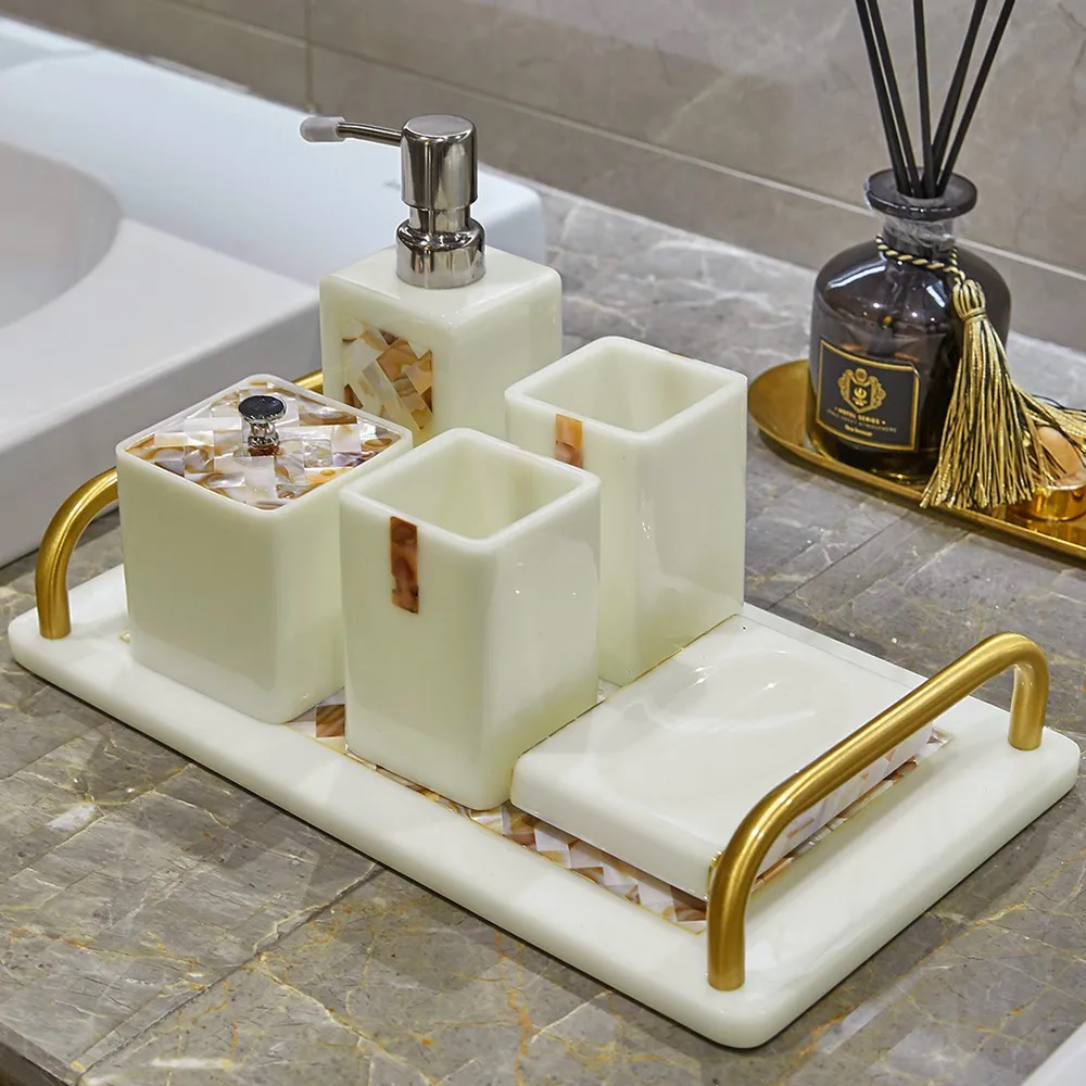 solid marble decorative bathroom tray ideas with gold handles and shell ...