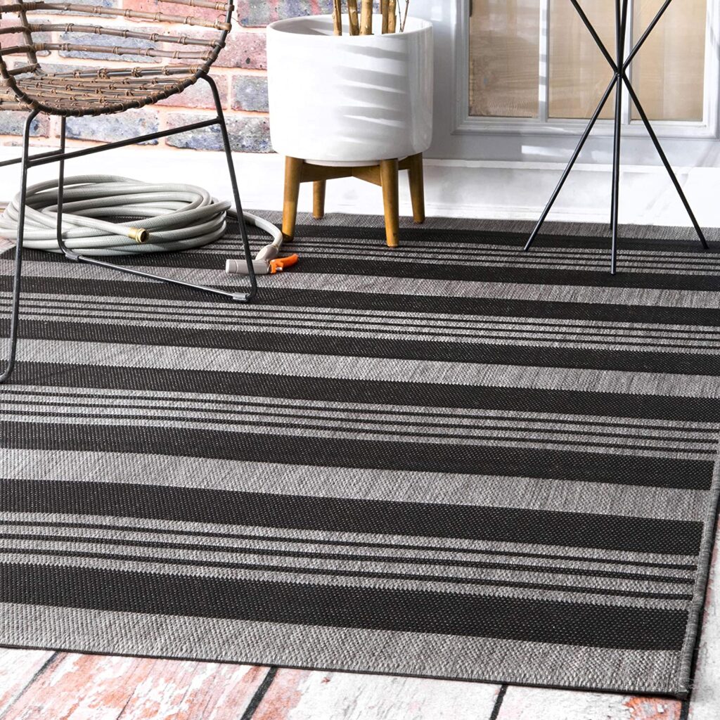 black and grey outdoor rug ticking stripe pattern contemporary patio decoration ideas and