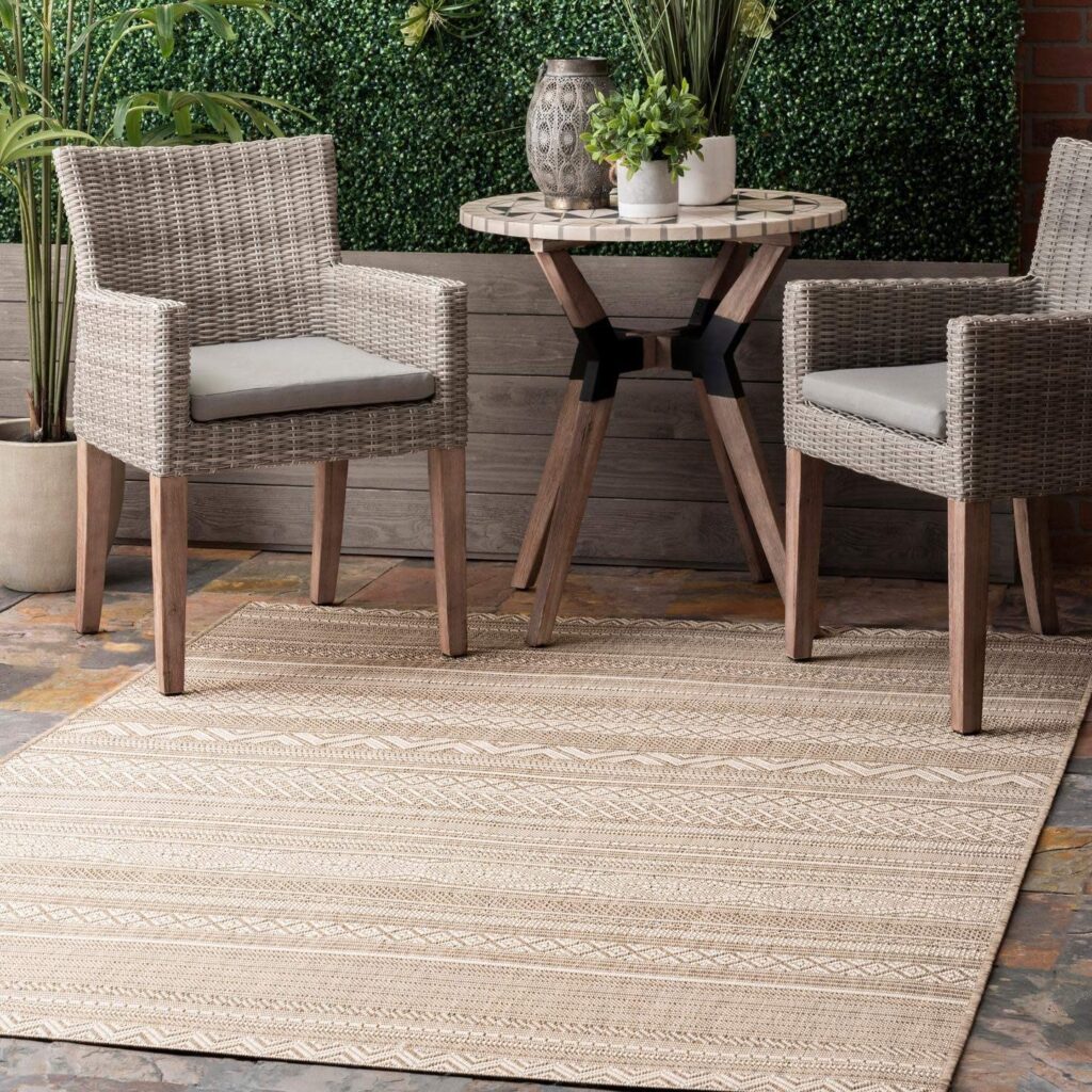 tribal striped jute outdoor rug light brown natural earth tone bohemian patio decor ideas for