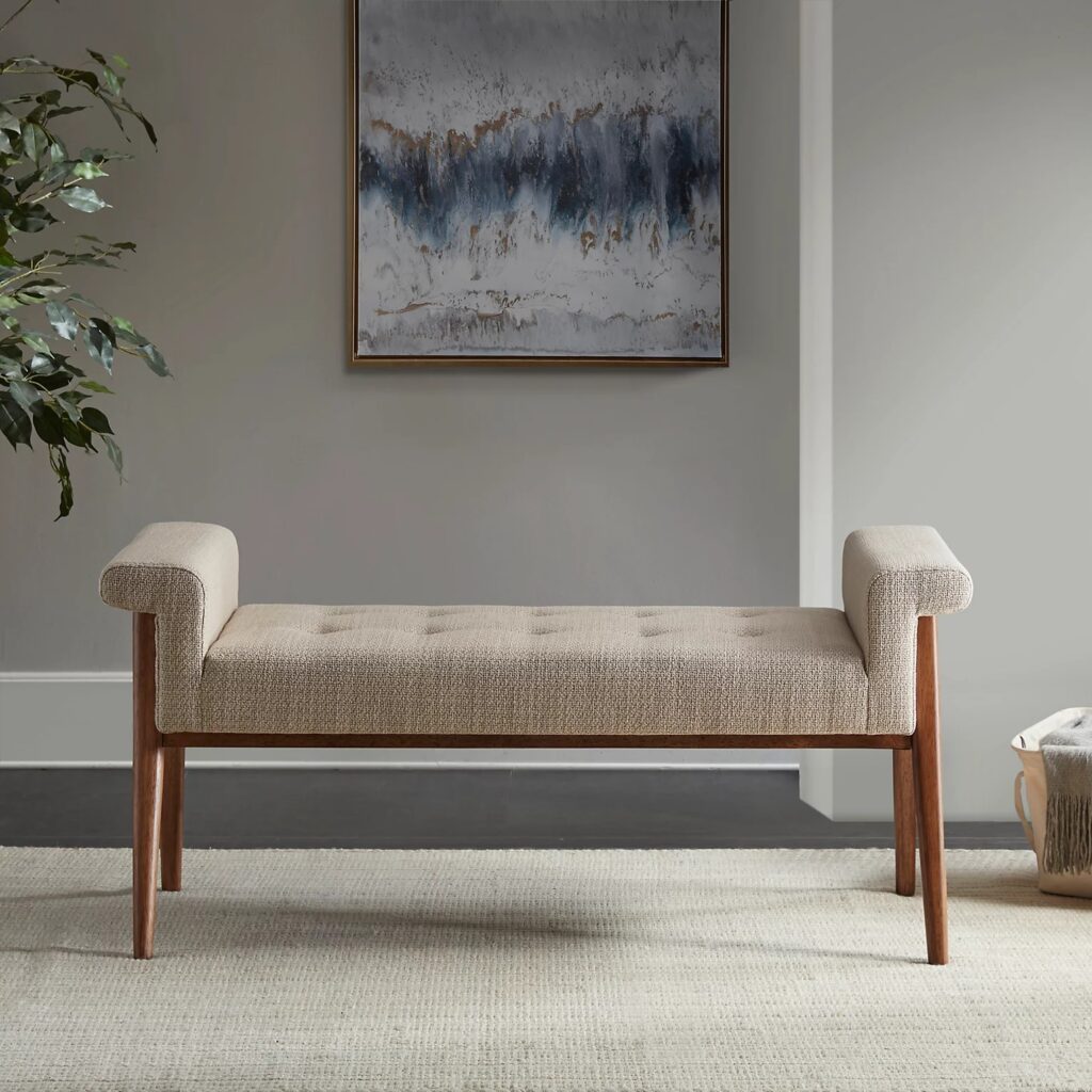 classic mid-century modern upholstered bench with armrests and tapered ...