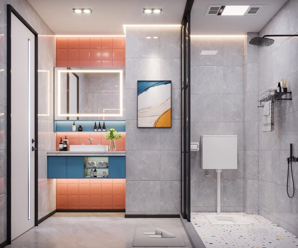 pink and blue bathroom Interior Design Ideas