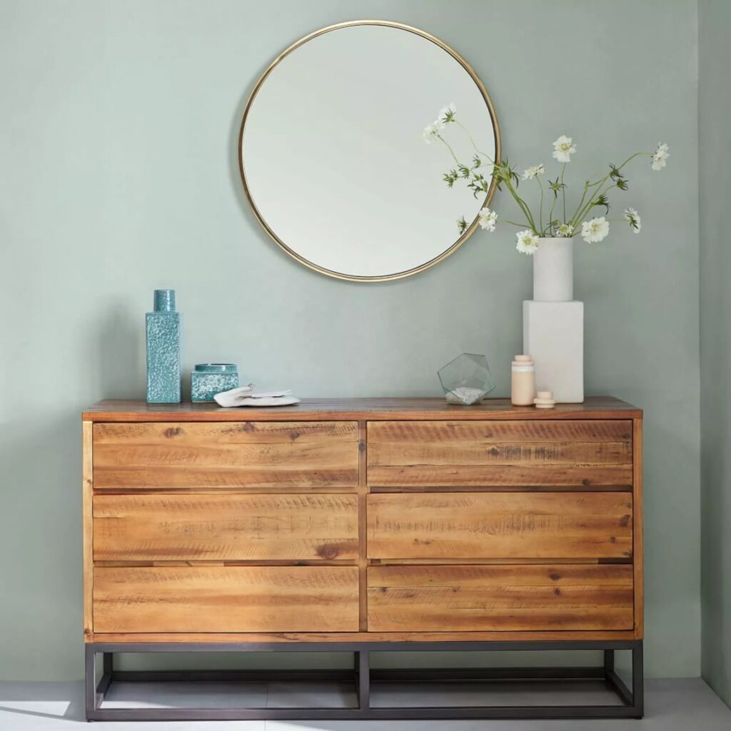 industrial solid acacia wood dresser with black metal geometric base