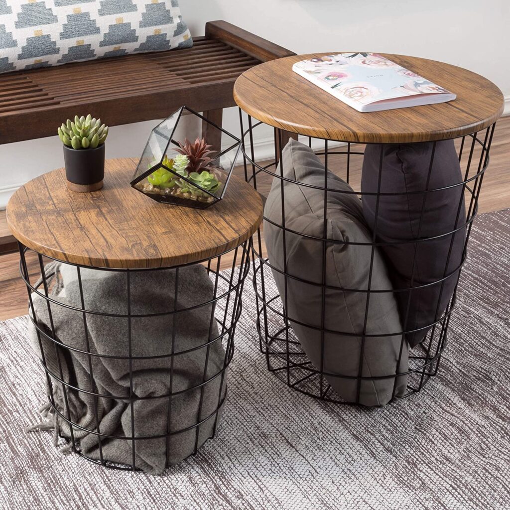 industrial wire and wood basket side table set of two rustic wooden