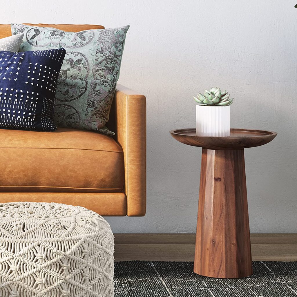 wood pedestal side table with faceted edges solid wood construction