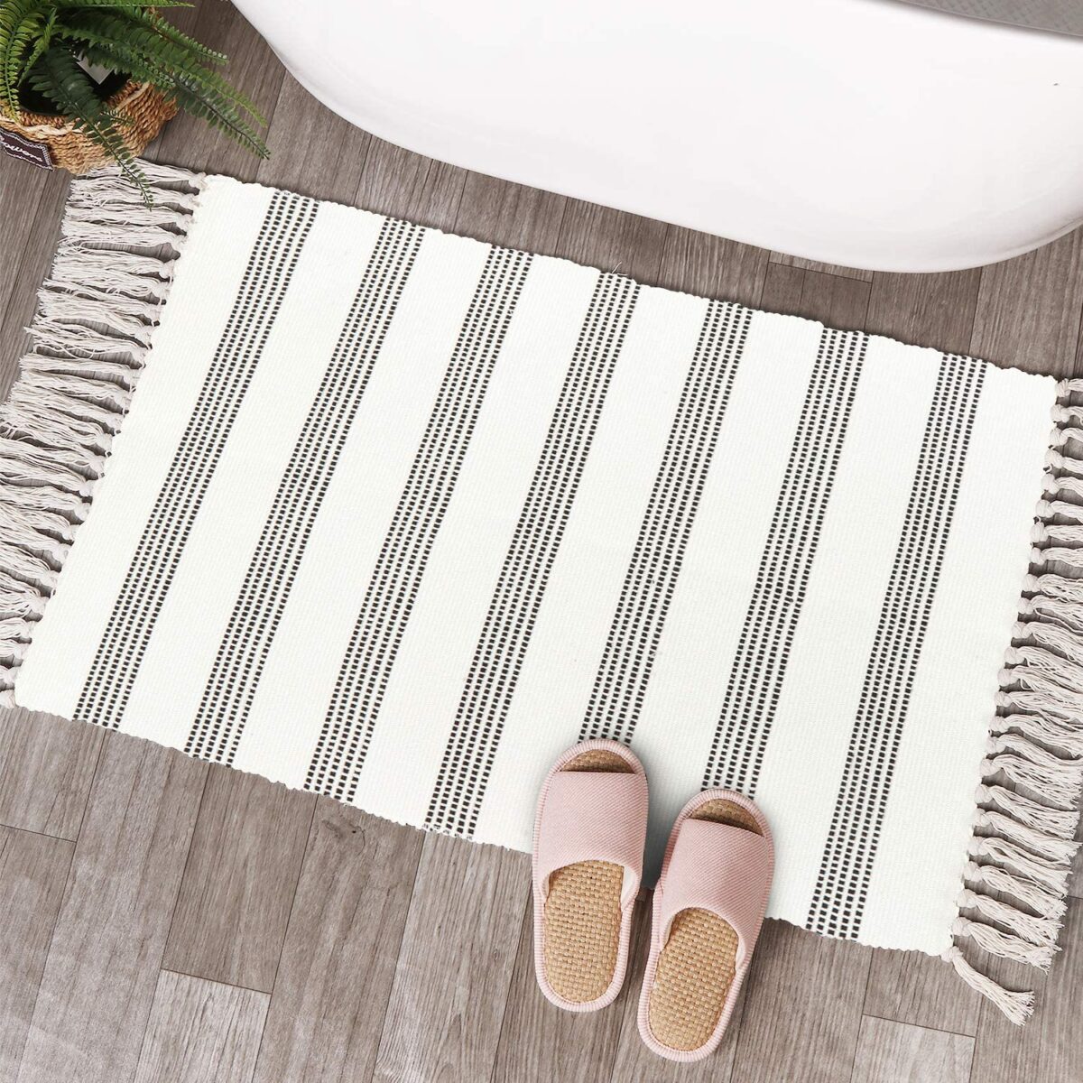 Cheap Modern Bath Rugs Black And White Stripe With Long Fringe Creative Boho Chic Bathroom Decor Inspiration Unique Mat Alternative Ideas Contemporary Minimalist Bohemian Interior Design