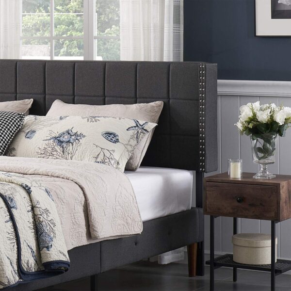 dark grey wingback upholstered headboard with modern decorative