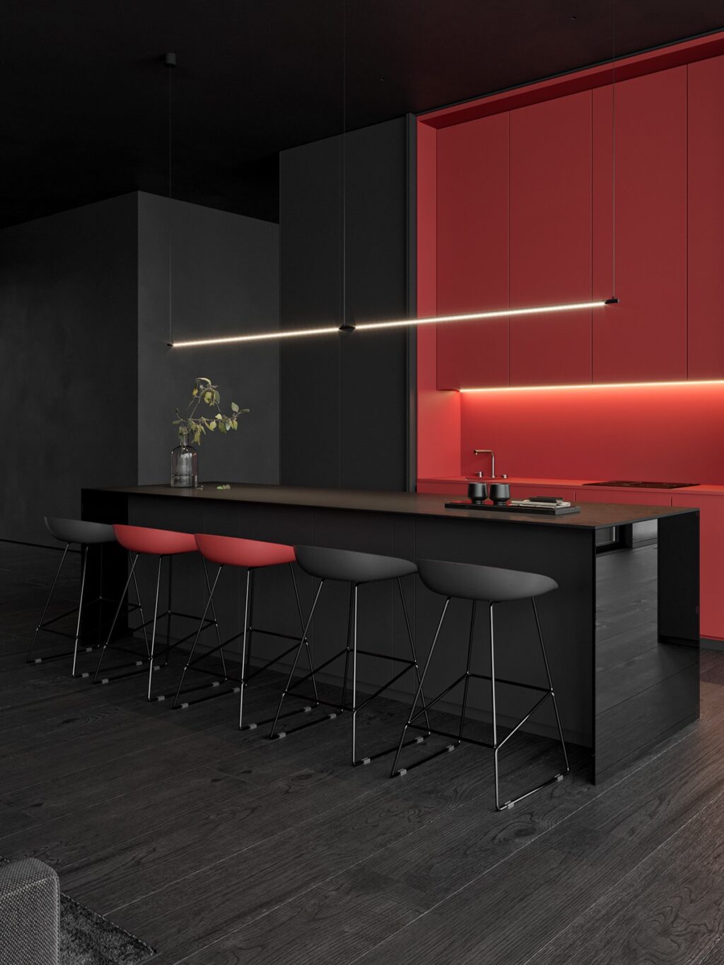 Dark and Mysterious Interior With Red Accents