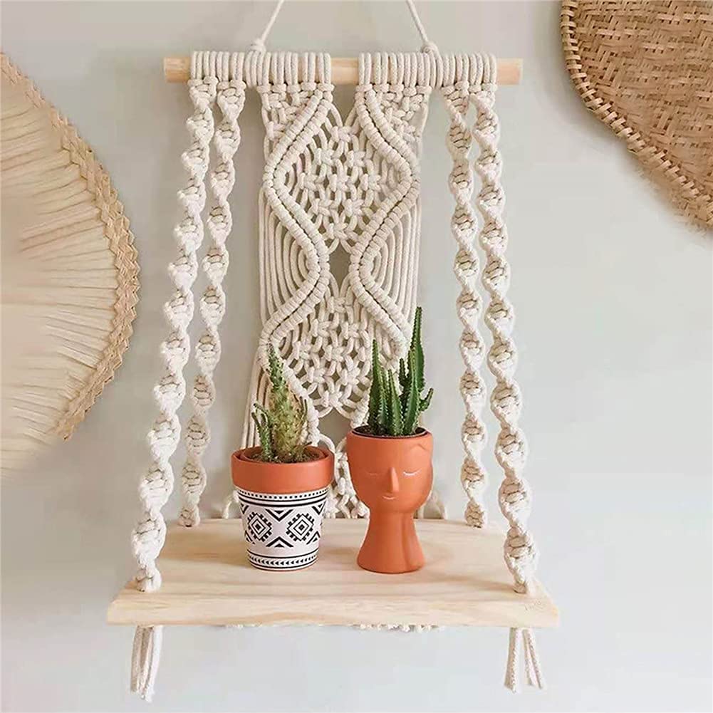 12 Inch Round Boho Small Macrame Wall Hanging Decor with Natural Wood and  White Beige Green Yarn Half Moon Wall Art in a Bohemian Chic Style, Set of 4