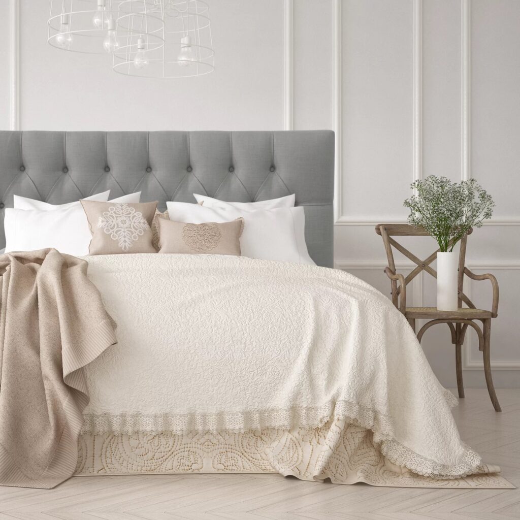 simple gray upholstered headboard with diamond button tufting plush