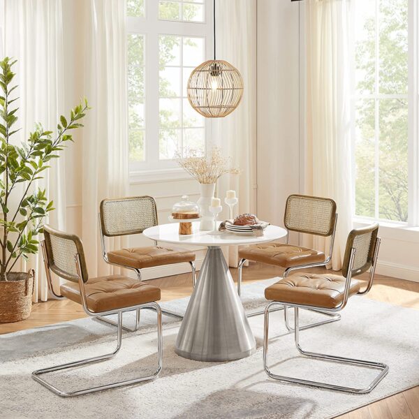 tufted leather dining chair for sale online with cane backrest chrome