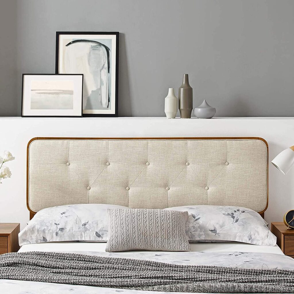 unique wood bed upholstered headboard cream beige upholstery button