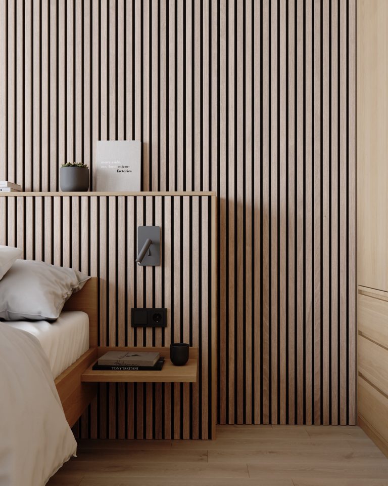 wood slatted headboard Interior Design Ideas