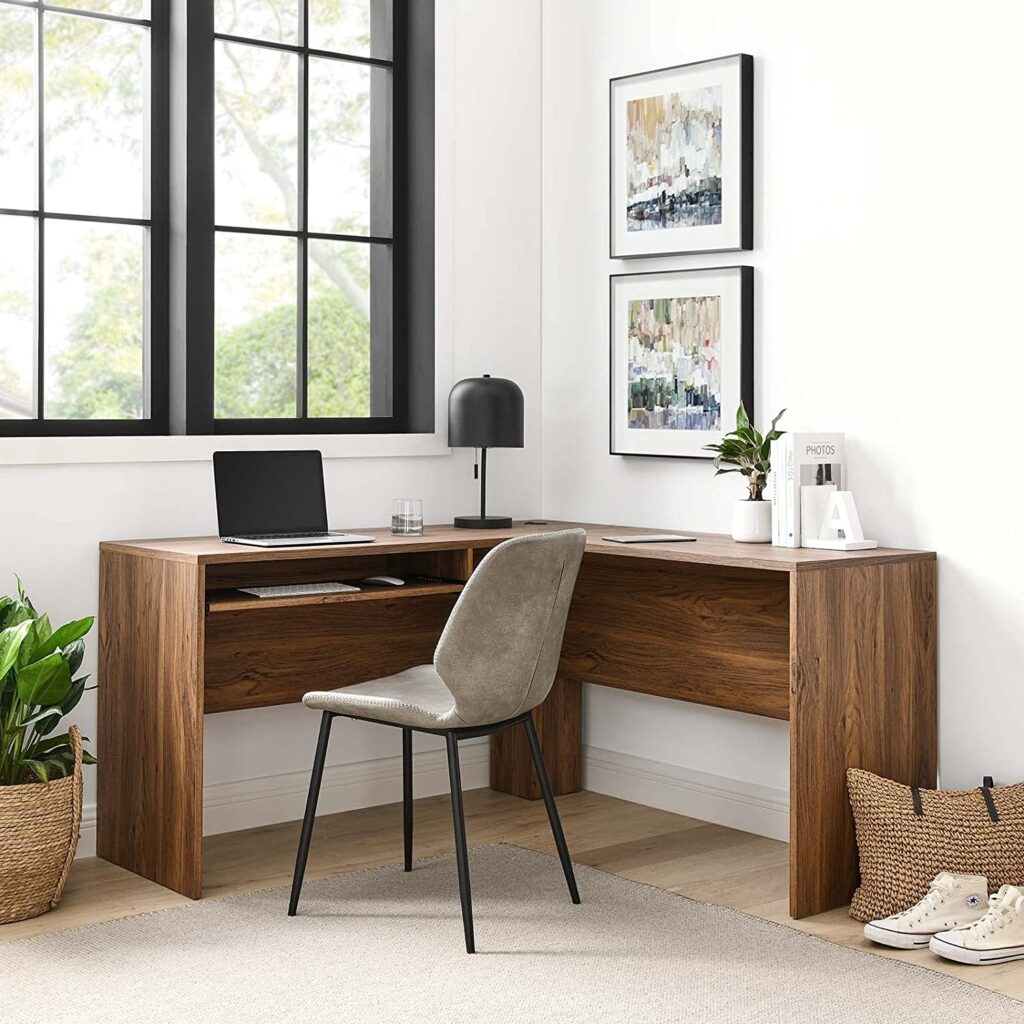 affordable stylish l shaped desk with faux walnut wooden veneers corner