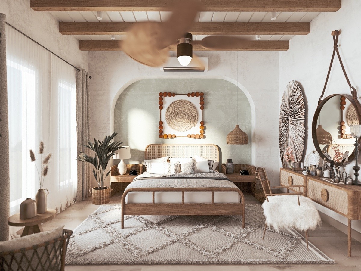 Cozy rustic bedroom with boho ethnic decor. Large windows. Double wooden bed  with many pillows and handmade textiles. Wooden furniture. Plants in the  interior. Nobody. Large windows in appartment. Stock Photo