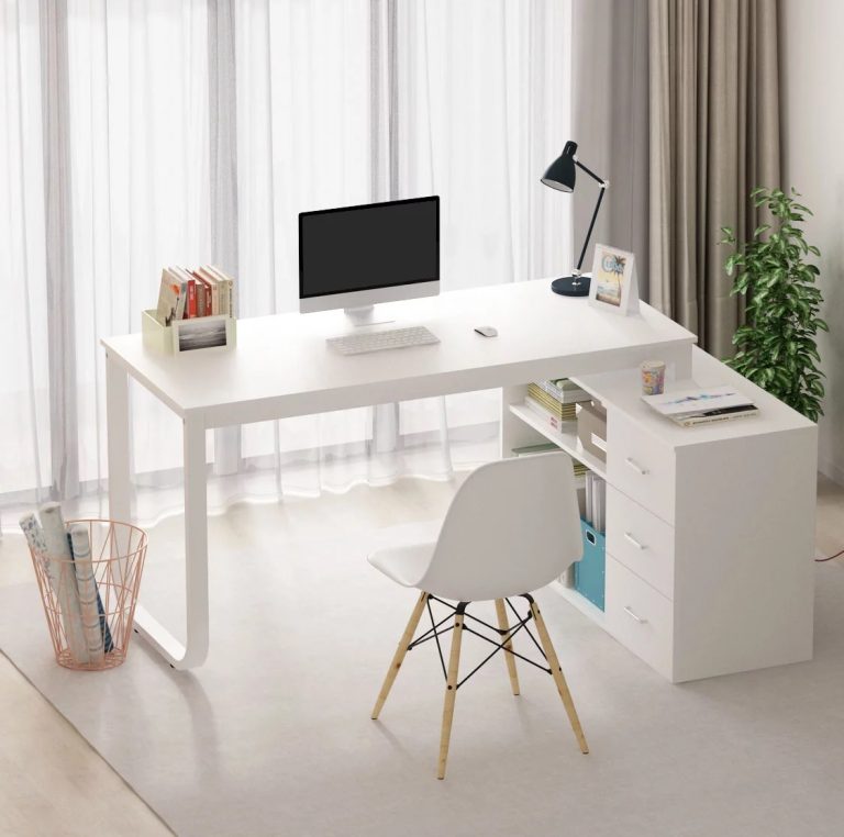 modern white l shaped desk with storage drawers and open shelves simple