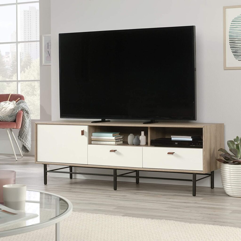 amazon IKEA media console with light wood exterior and white