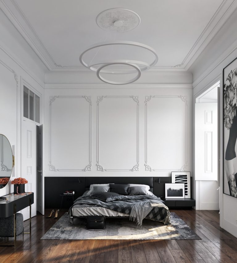 black and white neoclassical bedroom Interior Design Ideas