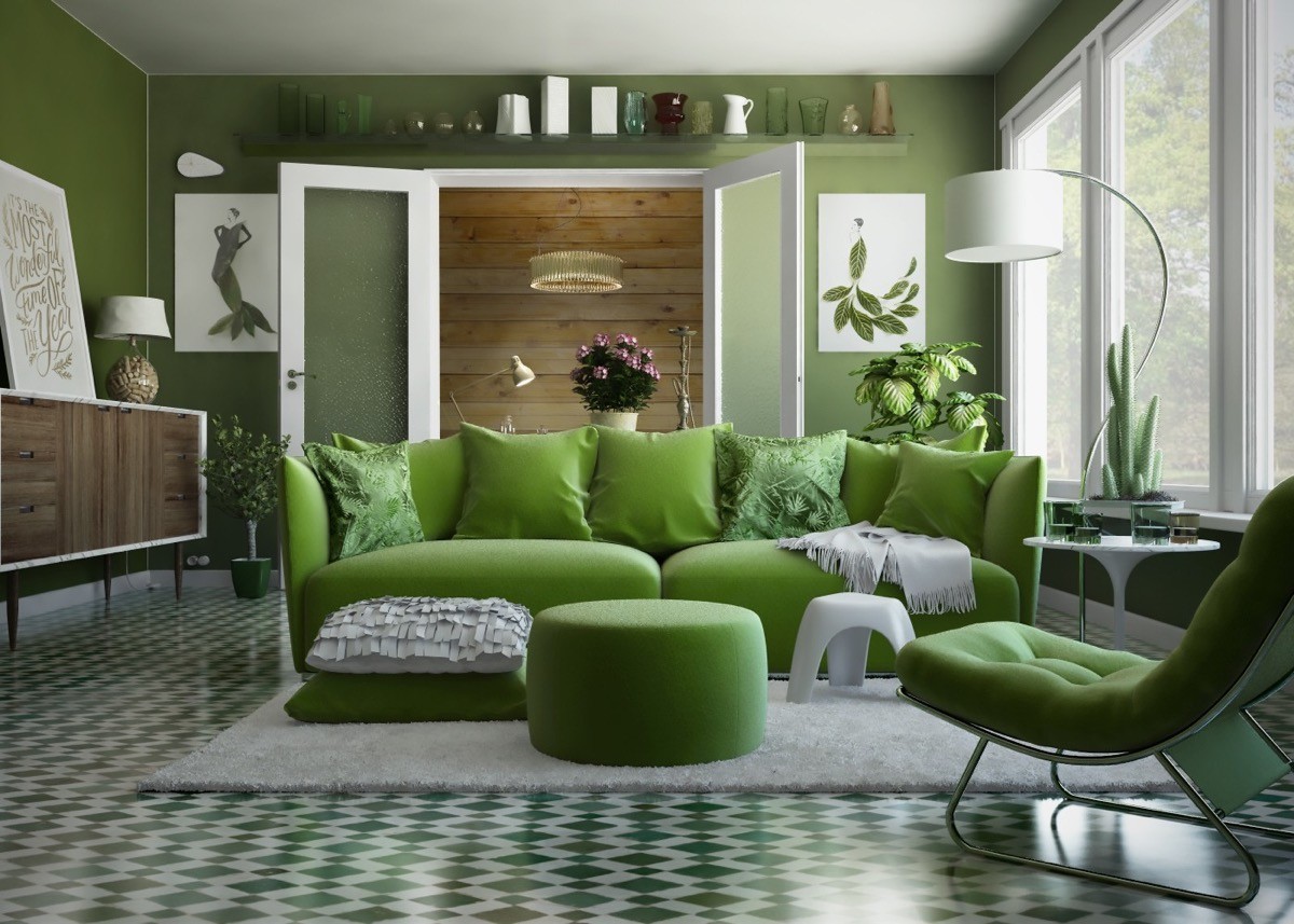 Older Living Room With Green Couch