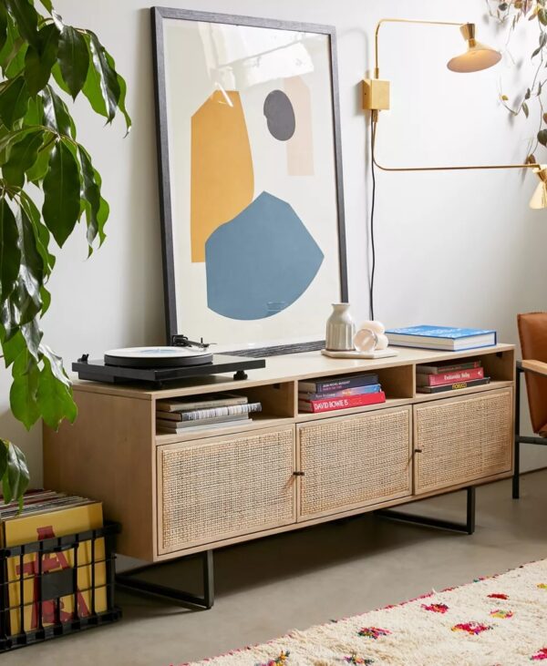 high quality solid wood cane media console with storage and