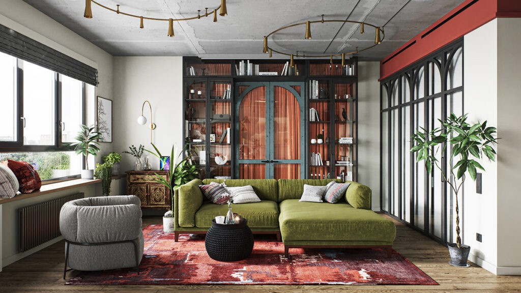 olive green velvet couch Interior Design Ideas