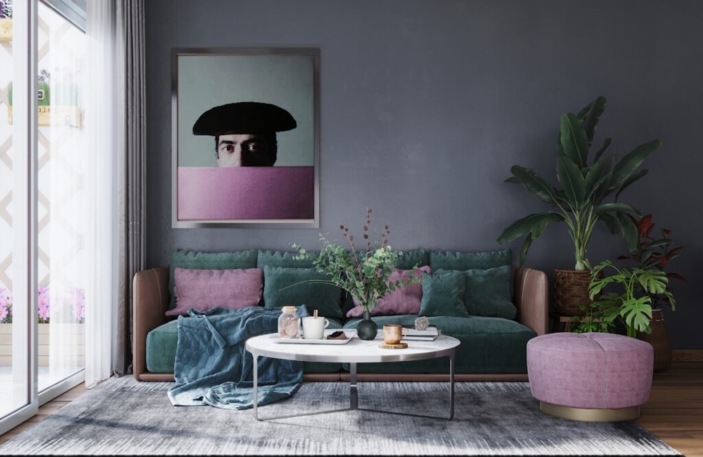 purple and green living room Interior Design Ideas